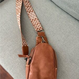 Anthropologie Brown Crossbody Bag with Patterned Strap